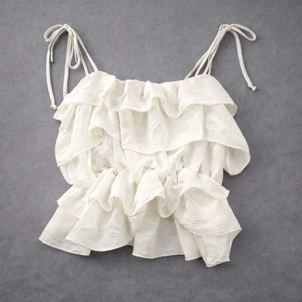 Peach Love California White Ruffle Cami Top Small Boho Tie Strap Cropped Tank